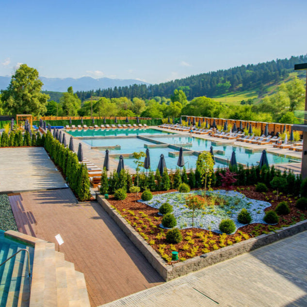 Външен басейн с гледка към планината в Grand Hotel Therme